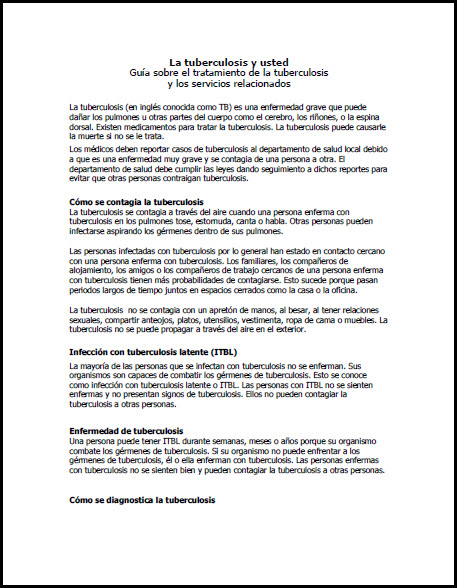 La tuberculosis y usted: Guía sobre el tratamiento de la tuberculosis y los servicios relacionados[Tuberculosis and You: A Guide to Tuberculosis Treatment and Services]