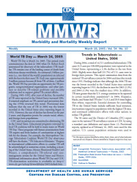 Trends in Tuberculosis - United States, 2004. Morbidity and Mortality Weekly Report, 54(10): 245-249, March 18, 2005.