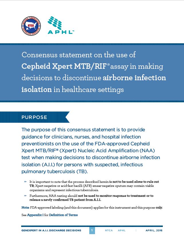 Consensus Statement on the Use of Cepheid Xpert MTB/RIF Assay in Making Decisions to Discontinue Airborne Infection Isolation in Healthcare Settings