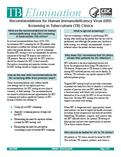 Recommendations for Human Immunodeficiency Virus (HIV) Screening in Tuberculosis (TB) Clinics