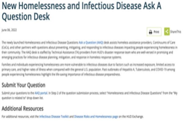 New Homelessness and Infectious Disease Ask A Question Desk