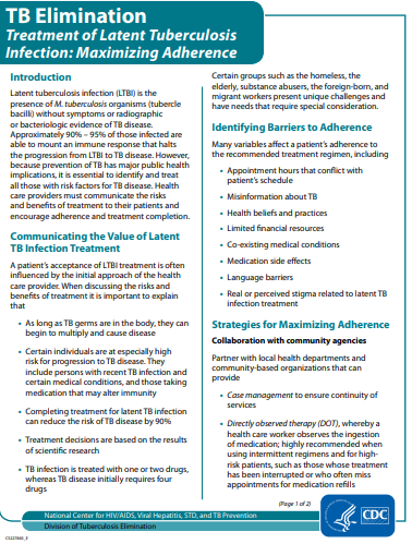 TB Elimination: Treatment of Latent Tuberculosis Infection: Maximizing Adherence