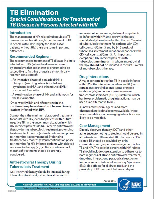 Special Considerations for Treatment of TB Disease in Persons Infected with HIV