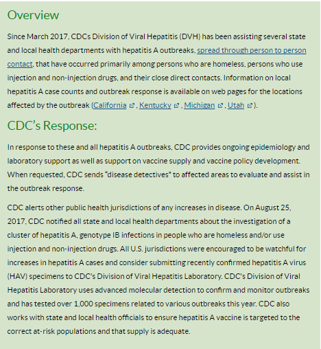 Go to fact sheet on Hepatitis A outbreaks among homeless persons and persons who use drugs.