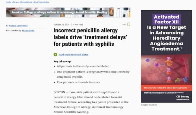 Incorrect Penicillin Allergy Labels Drive ‘Treatment Delays’ for Patients With Syphilis (Web)