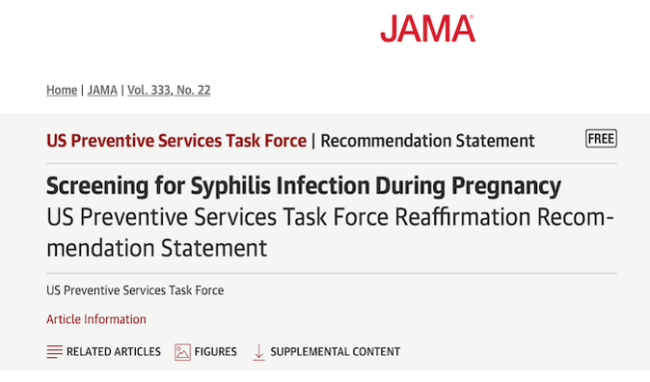 Screening for Syphilis Infection During Pregnancy US Preventive Services Task Force Reaffirmation Recommendation Statement (Web)