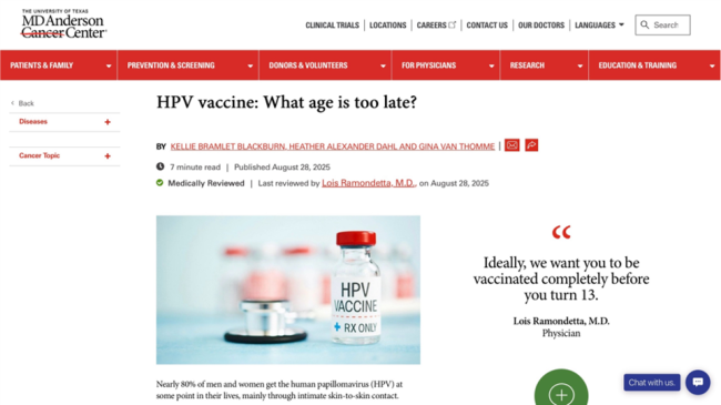 HPV vaccination guidance showing age groups and recommendation windows (URL)