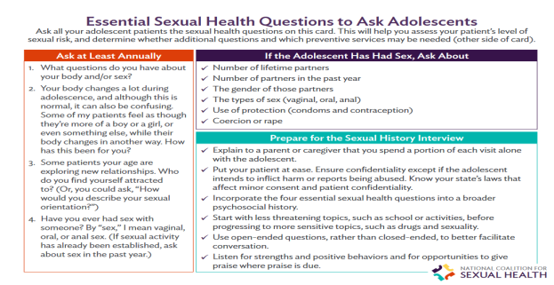 Essential Sexual Health Questions to Ask Adolescents. Go to pocket card.