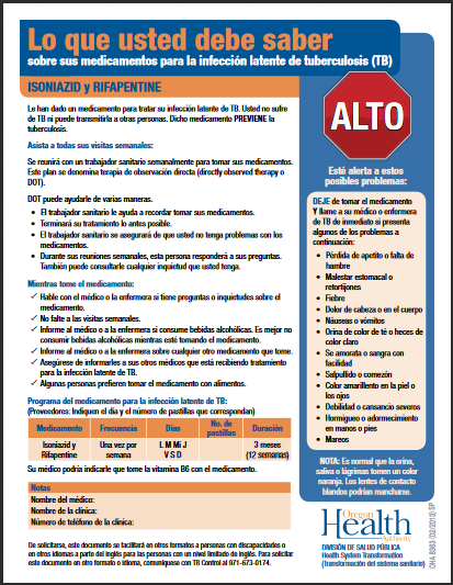 Lo que usted debe saber sobre su medicamento para la infección latente de tuberculosis – Isoniazid and Rifampin-Fact Sheet