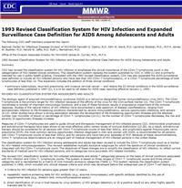 Thumbnail image of 1993 Revised Classification System for HIV Infection and Expanded Surveillance Case Definition for AIDS Among Adolescents and Adults 
