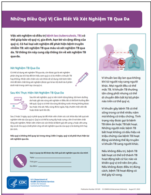 Những Điều Quý Vị Cần Biết Về Xét Nghiệm TB Qua Da [What You Need to Know About the TB Skin Test]. Go to fact sheet