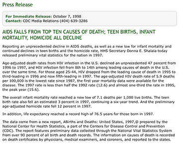 Photo of part of press release noting first substantial decline in AIDS
