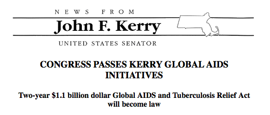Photo of John F. Kerry's letterhead with headline Congress passes "Kerry Global AIDS Initiatives".
