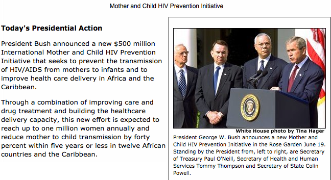 Photo of President George W. Bush announcing $500 million to prevent mother-to-child HIV transmission in Africa and the Caribbean