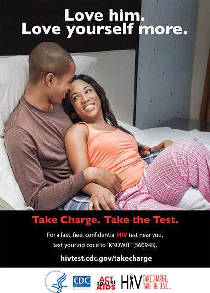 Poster from Take Charge. Take the Test. Showing African American heterosexual couple.