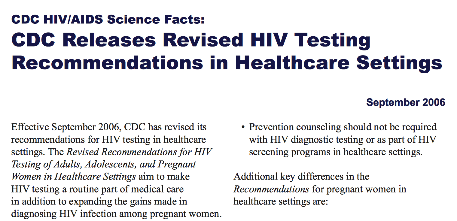 Photo of CDC HIV/AIDS Science Facts titled "CDC Releases Revised HIV Testing Recommendations in Healthcare Settings."